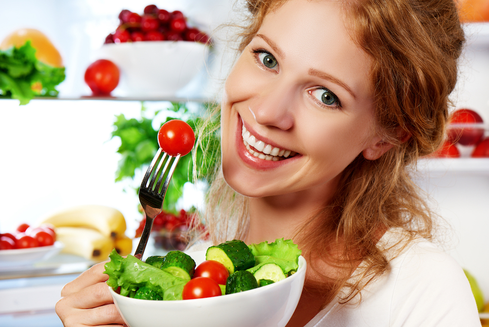 Woman Eats Healthy Food Vegetable Vegetarian Salad About Refrigerator